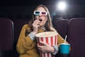 excited woman in 3d glasses eating popcorn and watching movie Royalty Free Stock Photo