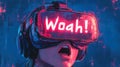 Excited woman experiencing virtual reality with vr headset displaying woah text Royalty Free Stock Photo