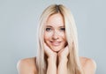 Excited woman face close-up. Blonde model with fresh clear skin and healthy silky hair on white background Royalty Free Stock Photo