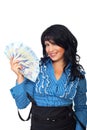 Excited woman holding Romanian banknotes