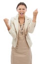 Excited woman, portrait and celebration for winning, bonus or promotion on a white studio background. Happy female