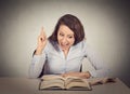 Excited woman reading book has idea pointing with finger up Royalty Free Stock Photo