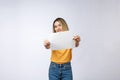 Excited woman showing empty blank paper card sign with copy space for text. Gorgeous multi ethnic Chinese Asian and Royalty Free Stock Photo