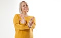 Excited woman showing the sign of stop, neglect, negation and reluctance Royalty Free Stock Photo