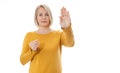 Excited woman showing the sign of stop, neglect, negation and reluctance Royalty Free Stock Photo