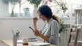 Excited woman triumph with good news on cellphone Royalty Free Stock Photo