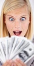 Excited, woman wow and money with dollars, investment and savings for budget with reward. Wealth, wondering and happy Royalty Free Stock Photo