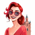 Excited young attractive woman with sunglasses happy smiling over ancient italian church, cartoon style