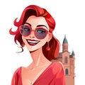 Excited young attractive woman with sunglasses happy smiling over ancient italian church, vector illustration