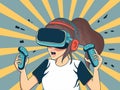 Excited Young Girl Character Wearing VR Headset With Using Controllers On Slate Blue And Yellow Rays
