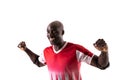 Excited young male african american handball player celebrating goal against white background Royalty Free Stock Photo