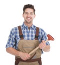 Excited Young Male Plumber Holding Plunger