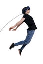 Excited young male in VR glasses flying through spase. Using VR headset, white background