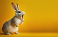 Excited young rabbit with mouth wide open in awe, ears perked up, against vibrant yellow background