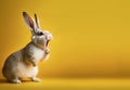 Excited young rabbit with mouth wide open in awe, ears perked up, against vibrant yellow background