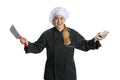 Excited young woman, lady-cook, chef in black uniform isolated on white background. Cuisine, profession, business, food