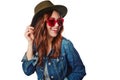 Excited, youth and trendy fashion model with gen z style and funky sunglasses with happy smile. Happiness, cool and Royalty Free Stock Photo