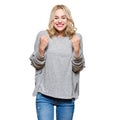 Excitement and amazement. Attractive young woman clenching fists, screaming with joy. Unbelievable surprise, success or winning. Royalty Free Stock Photo