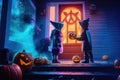 Kids\' Trick-or-Treat Excitement: Glowing Door of the Old House - Generative AI Royalty Free Stock Photo