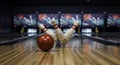 Exciting Bowling Strike: Three Pins Falling Down Royalty Free Stock Photo
