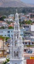 A exciting close-up view of bell tower of a Church of Archangel Michael. Archangelos, Rhodes, Greece. Sunny hot weather in mid-
