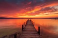 Exciting colorful sunset view from the shore with a wooden pier Generative AI.