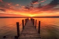 Exciting colorful sunset view from the shore with a wooden pier Generative AI.