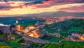 Exciting evening view of ruins of Rozafa Castle. Gorgeous sunset in Shkoder city. Royalty Free Stock Photo
