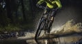 The Exciting Experience of a Mountain Biker Riding Through a Nighttime Forest, Water Dancing in the Air. Generative AI Royalty Free Stock Photo