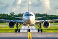 Exciting Front View of Commercial Airplane Taxiing on Airport Runway Royalty Free Stock Photo