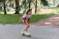 An exciting hobby is skateboarding. Girl and skateboard. Sports lifestyle.