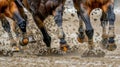 Exciting horse race betting action captured from below, showcasing dynamic hooves in motion