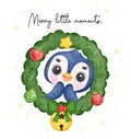 Exciting joyful Penguin Celebrating Christmas in a Festive Wreath, Merry Christmas little moment, Watercolor Cartoon. Exciting