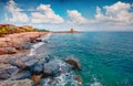 Exciting marine scenery. Wonderful summer view of Torre di Bari tower.