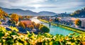 Exciting morning cityscape of Salzburg, Old City, birthplace of famed composer Mozart.