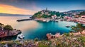 Exciting morning cityscape of Vrbnik town. Colorful summer seascape of Adriatic sea, Krk island, Kvarner bay archipelago, Croatia Royalty Free Stock Photo