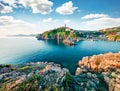 Exciting morning cityscape of Vrbnik town. Splendid summer seascape of Adriatic sea, Krk island, Kvarner bay archipelago, Croatia Royalty Free Stock Photo