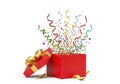 Exciting red gift box exploding with colorful confetti and streamers celebratory surprise isolated on white background Royalty Free Stock Photo