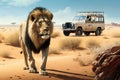 Exciting Safari Adventure Begins Jeep Caravan Goes Eye To Eye With Roaring Lions In Big Five Wildlife Paradise. Generative AI