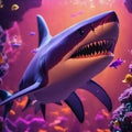 Exciting shark with sharp teeth swimming in the warm pink depths of the sea surrounded by fish