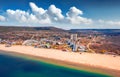 Exciting spring view from flying drone of Albena Beach. Superb seascape of Black sea, Bulgaria, Europ