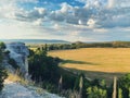 Exciting summer mountain view with dry herb and grass, Russian nature , sunset clouds