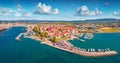 Exciting summer view from flying drone of Koper port. Aerial outdoor scene of Adriatic coastline, Slovenia Royalty Free Stock Photo