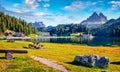 Exciting summer view of Misurina lake. Bright afternoon scene of National Park Tre Cime di Lavaredo, Location Auronzo, Misurina re