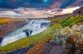 Exciting summer view of popular tourist destination - Gullfoss waterfall.