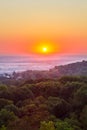 Exciting sunrise over fogged city and park, aerial view, Lviv Royalty Free Stock Photo