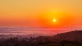 Exciting sunrise over fogged city and park, aerial view, Lviv Royalty Free Stock Photo