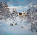 Exciting winter view of Lofoten Island. Frosty morning scene of Norway, Europe. Royalty Free Stock Photo