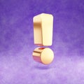 Exclamation icon. Gold glossy Exclamation point symbol isolated on violet velvet background. Royalty Free Stock Photo