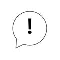 Exclamation icon in speech bubble. Attention sign. Warning emblem. Thinking process. Vector illustration. Stock image.